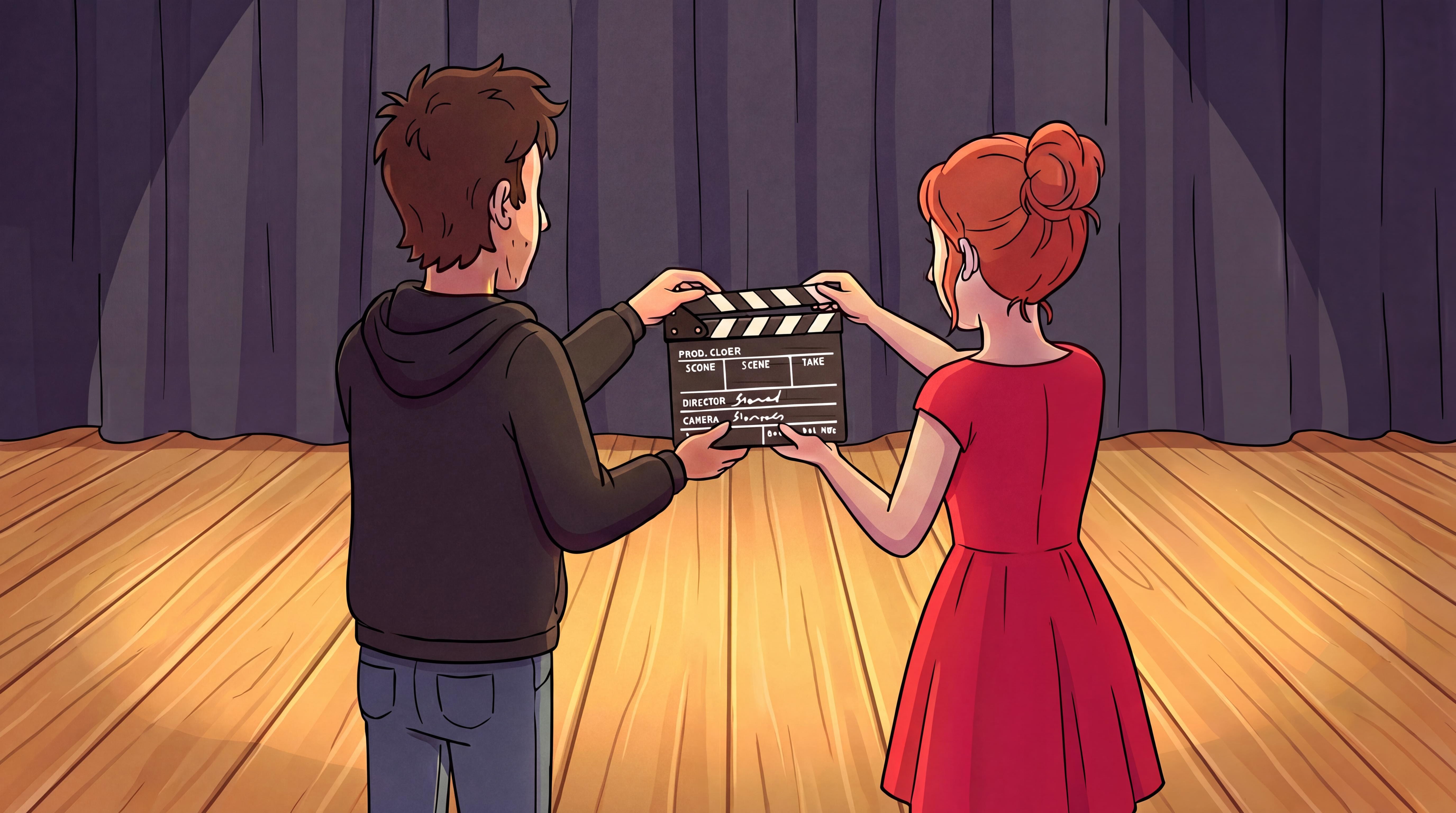 Two characters holding a film clapperboard on a colorful stage set
